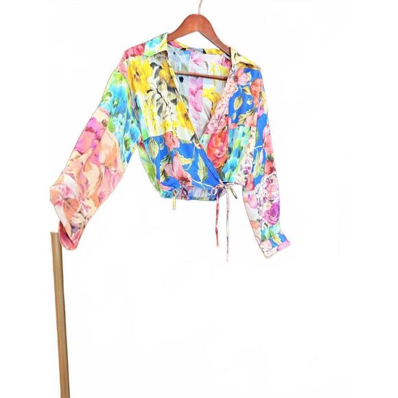 ZARA Shirt, Satin Multicolored Longsleeve Wrap shirt with Ties NWOT - Picture 6 of 12